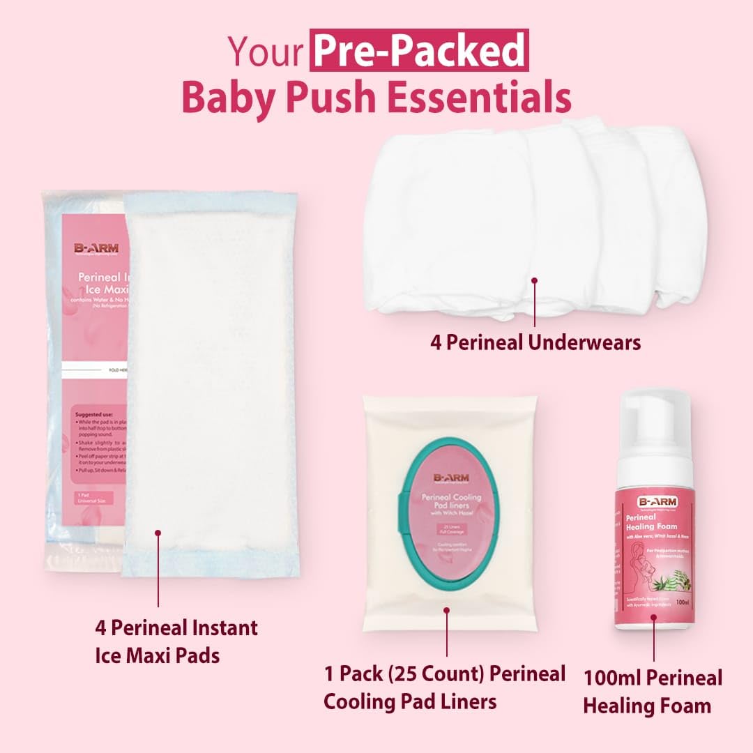 B-Arm Normal Delivery Postpartum Recovery Kit(10 pcs)|Includes 4 Disposable Underwear, 4 Icemaxi pads, 100ml Perineal Healing Foam, Pack of 25 Witch Hazel Padliners| New Mom's Hospital Bag Must-have