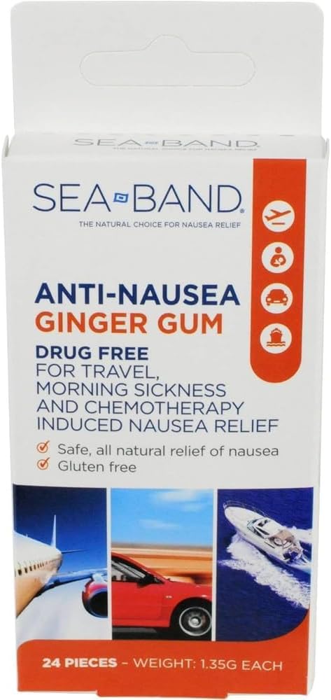 Sea-Band Anti-Nausea Ginger Gum For Motion & Morning Sickness, 24 Pieces | Drug-free option, non-drowsy herbal remedy, HSA/FSA approved