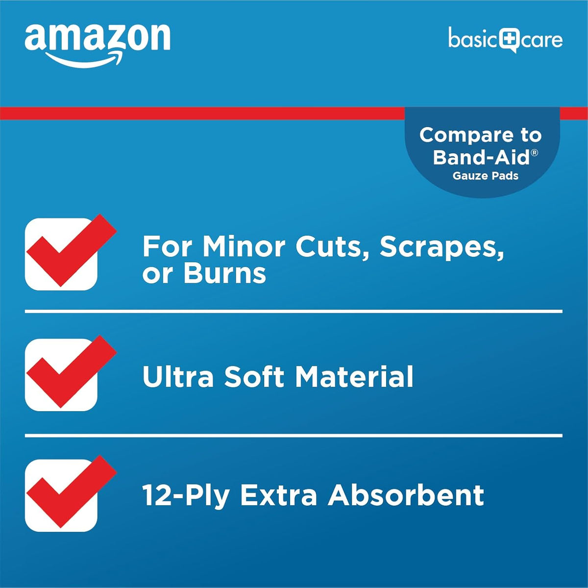 Amazon Basic Care Gauze Pads, 4x4 inches Sterile Medical Wound Dressing Sponges for Cleaning, Covering, & Cushioning Cuts & Minor Injuries, 50 Count (Pack of 1), (Previously All Health)