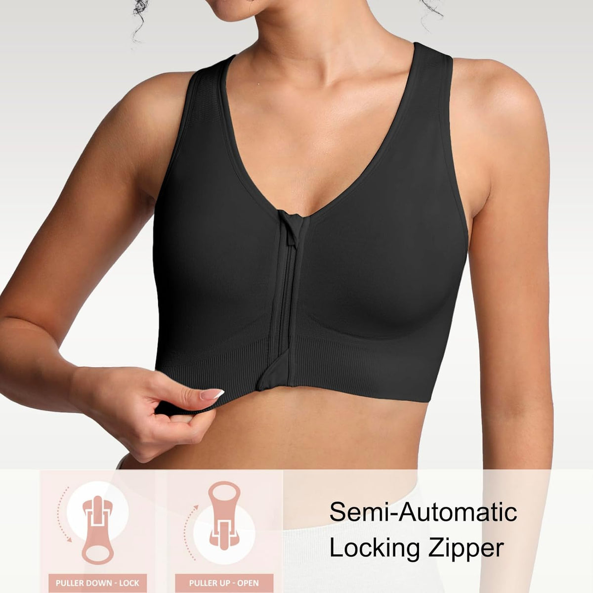 Lemef Zip Front Sports Bras, Post Surgery Compression Wirefree Racerback Bras for Women