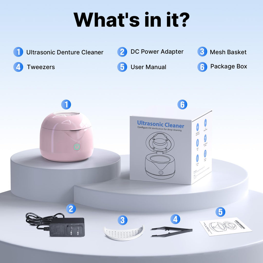 CXRUY Ultrasonic Retainer Cleaner - UV Dental Cleaning Pod Night Guard Cleaner for Dentures, Aligner, Braces, Toothbrush Heads, Jewelry (Pink)