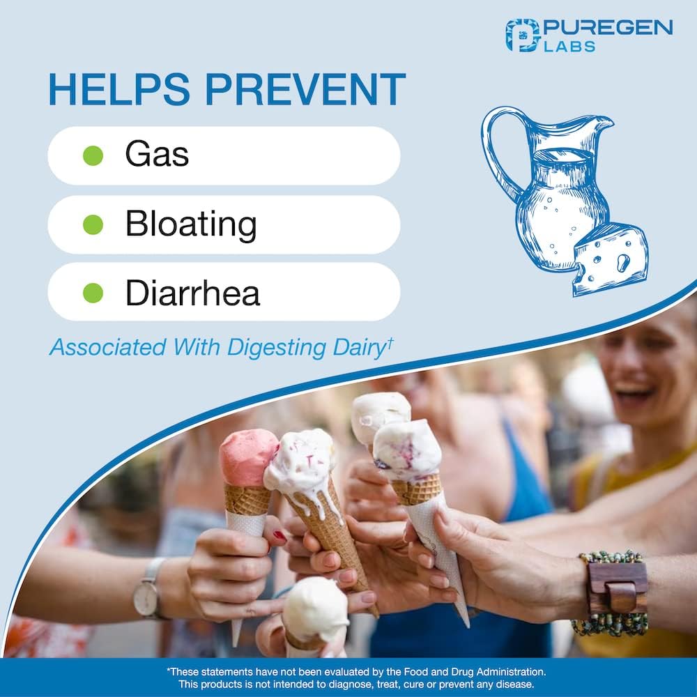 Puregen Labs Dairy Relief Fast Acting Lactase Enzyme 9000 FCC, Lactose Intolerance 720 Total Tablets