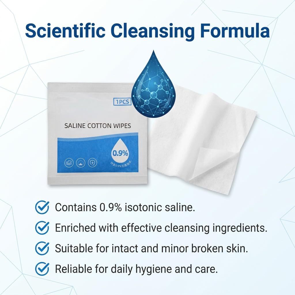 100 Pcs 0.9% Saline Wipes, Sodium Chloride Alcohol Free Cleansing Wipes, Individually Wrapped Gentle Skin Wipe for First Aid Wound Care Piercing Aftercare, Portable Sterile Cleaning Pads (60 x 60 mm)