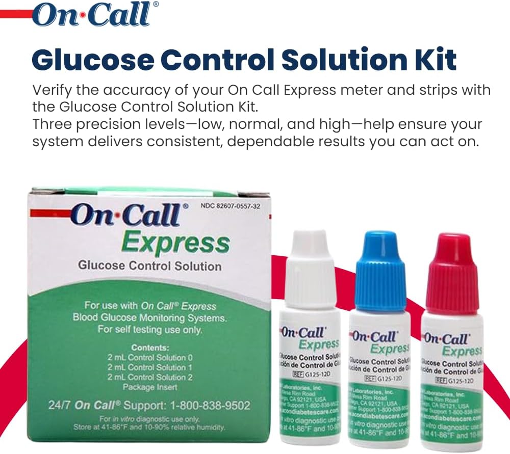 Glucose Control Solution Kit by On Call Express, Level 0, 1 & 2 for Blood Glucose Meters and Test Strips, Accuracy Check & Calibration Verification, 3-Pack Bottles, 2mL Each