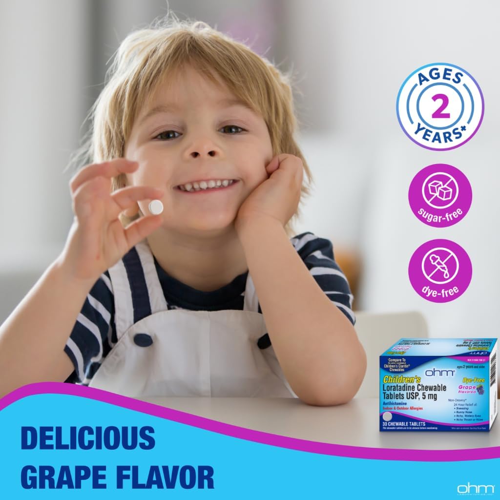 Ohm Children's Allergy Medicine, Loratadine 5mg, Chewable Tablets (30 Count) Grape Flavor, Non-Drowsy Antihistamine, 24-Hour Allergy Relief for Runny Nose, Watery Eyes, Itchy Throat & Nose
