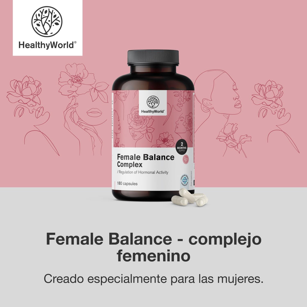 HealthyWorld Female Balance - Hormone Balance - Female Complex - Menstrual Cycle Support - 180 Vegetable Capsules - 12 Active Ingredients - With Vitamins and Minerals