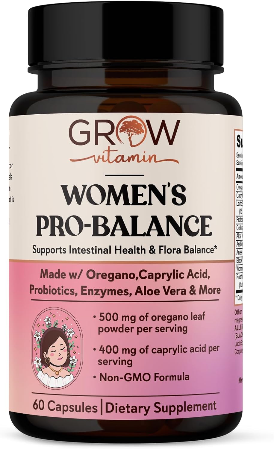 Grow Vitamin Feminine Balance by | Candida Support | Oregano & Caprylic Acid Blend | Vaginal Detox & Cleanse Probiotics | Supports Healthy Intestinal Flora & Immune Function