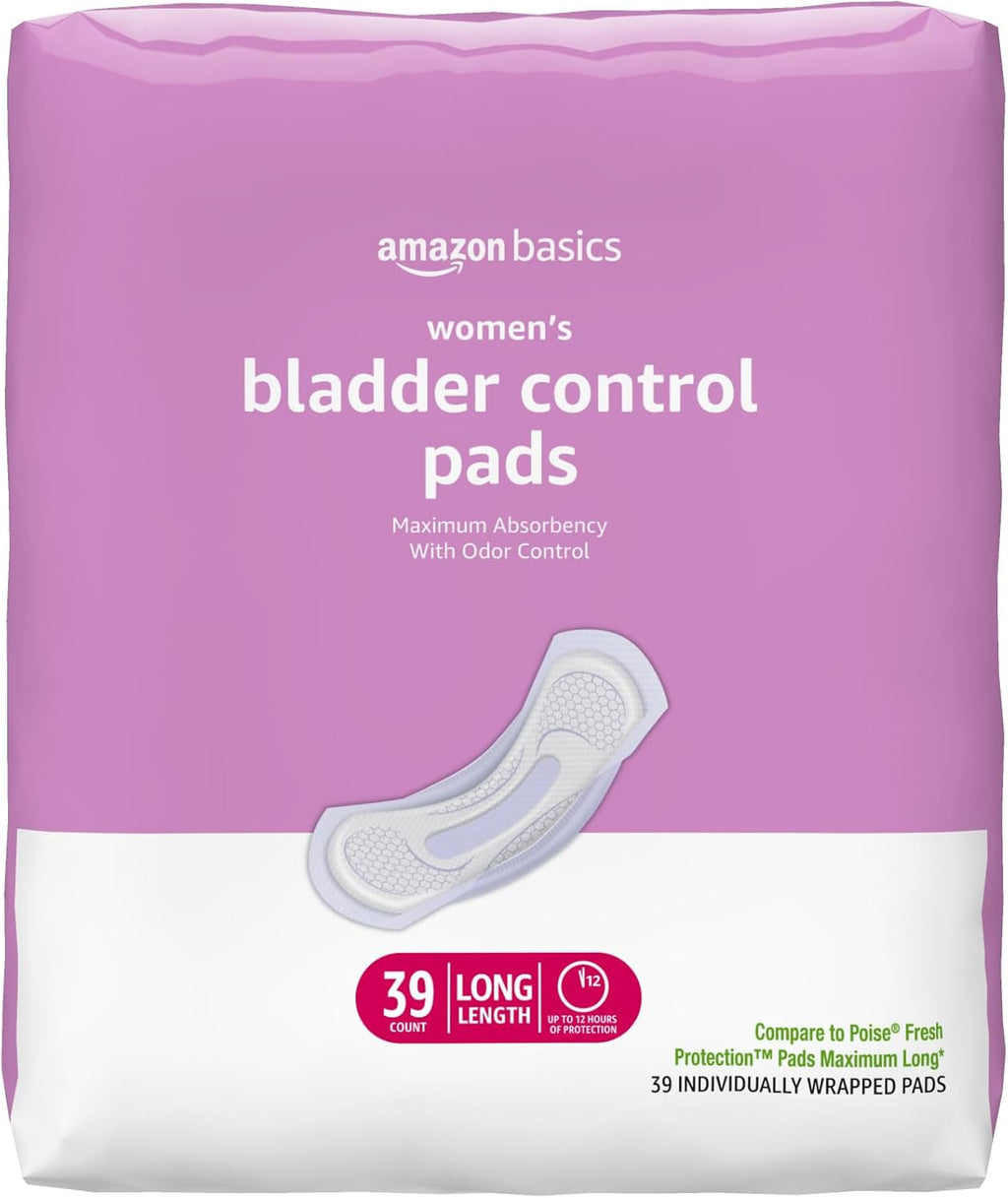 Amazon Basics Incontinence Pads for Women, Postpartum, Long, Maximum Absorbency, Bladder Control, Unscented, 39 Count