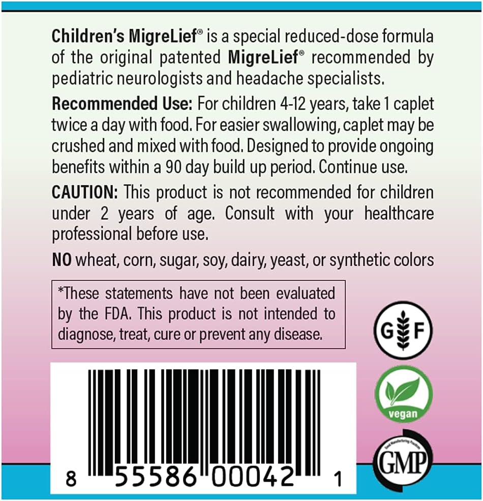 Children's MigreLief® - Triple Therapy with Puracol™ - Nutritional Support for Pediatric Migraine Sufferers - 60 Caplets/1 Month Supply