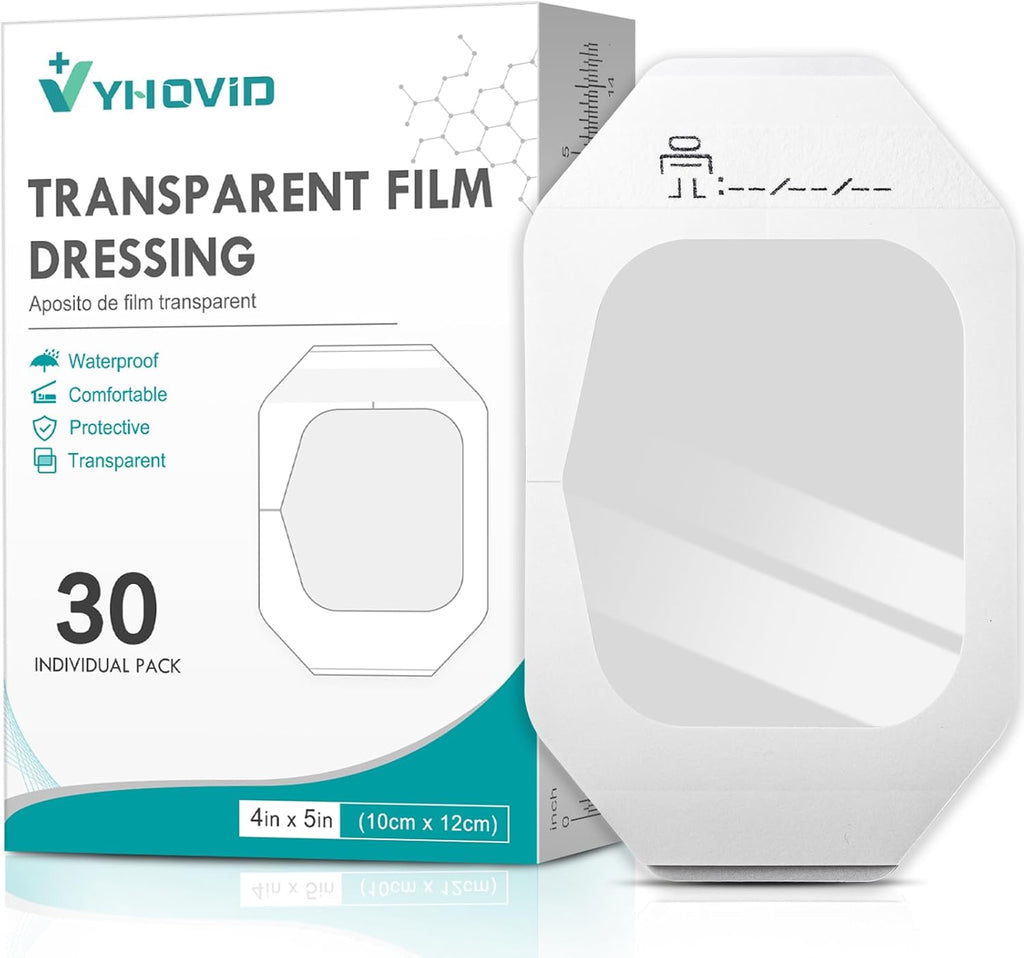 Transparent Film Dressing 4" x 4.75" Box of 30 - Waterproof Bandages for Swimming, Showering, Wounds, Post Surgical Shower or IV Shield, Tattoo Aftercare Bandage, Scar Therapy, Adhesive Patches