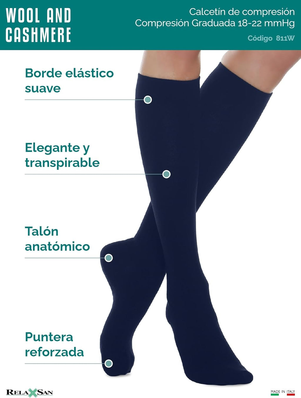 Relaxsan Compression Socks Women and Men with Wool and Cashmere, Thermal Socks, Made in Italy, 811W