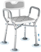 550lb Adjustable Shower Chair with Arms, Back and Suction Cup Feet | 6 height settings from13.4–18.1in, reinforced crossbars and tool-free assembly for easier setup and daily bathing.