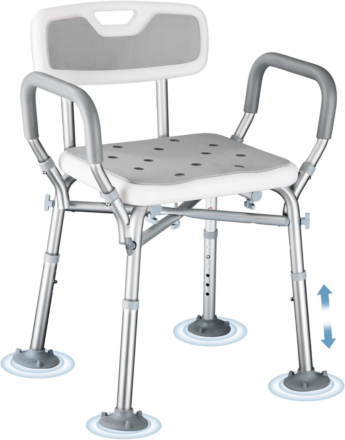 550lb Adjustable Shower Chair with Arms, Back and Suction Cup Feet | 6 height settings from13.4–18.1in, reinforced crossbars and tool-free assembly for easier setup and daily bathing.