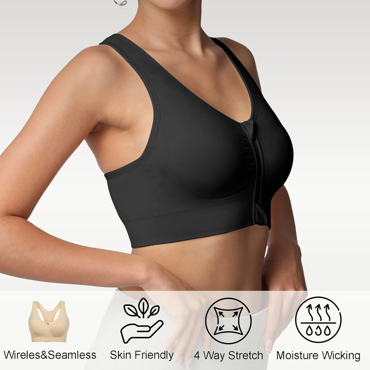 Lemef Zip Front Sports Bras, Post Surgery Compression Wirefree Racerback Bras for Women