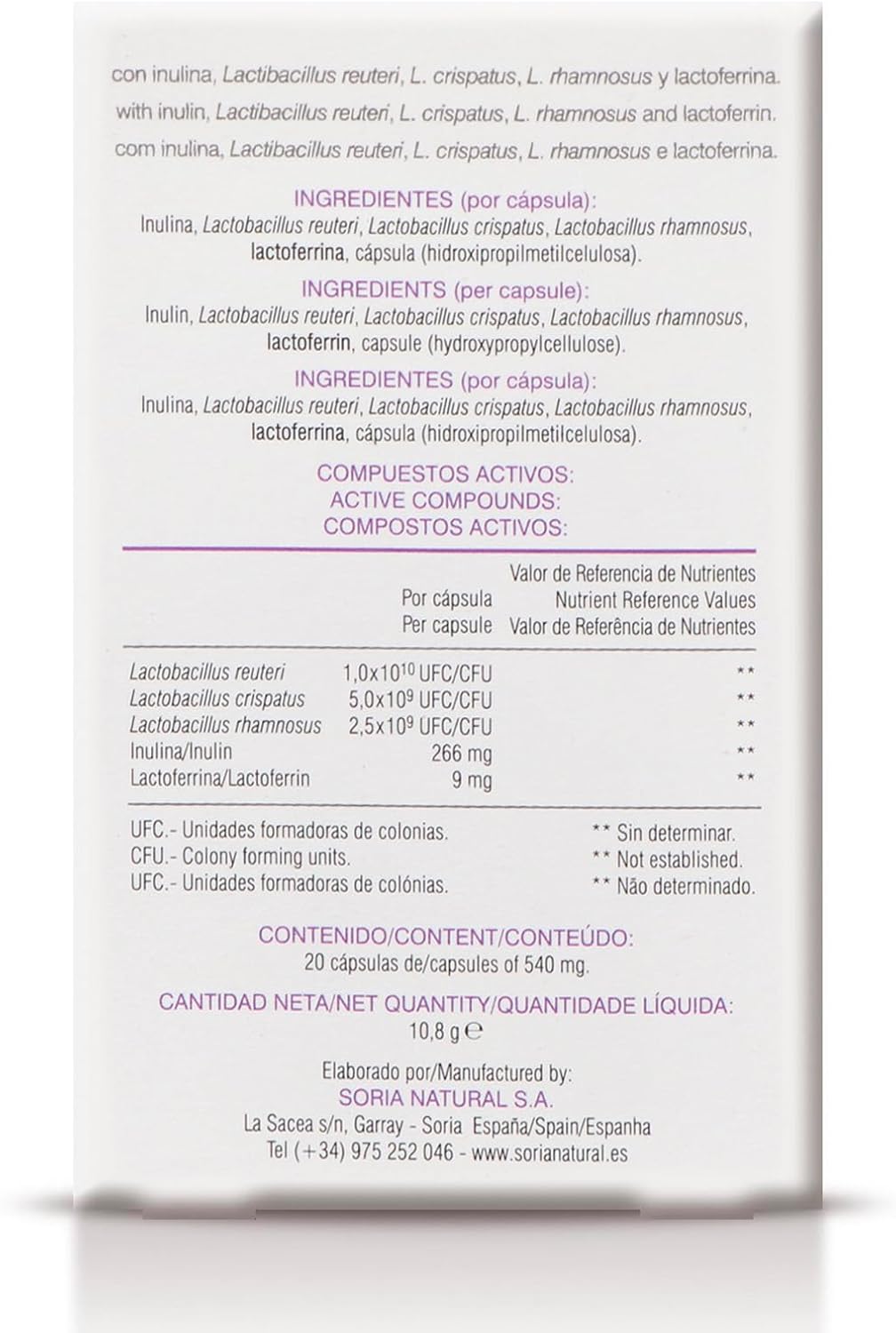 Soria Natural Probicand – With Inulin, Lactobacillus Reuteri, L Crispatus, L Rhamnosus and Lactoferrin – Helps Maintain the Balance of Vaginal Flora and Microbiota – Box of 20 Capsules of 545 mg