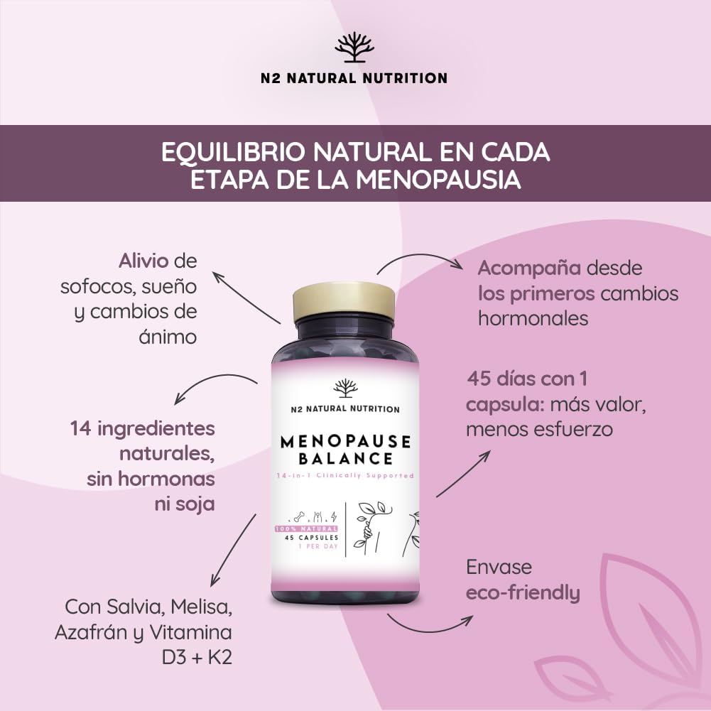 Menopause, Balance Female Estrogens and Progesterone. 14-in-1 Formula with Clinical Back. 45 Capsules with Omega 3, Biotin, Vitamin D3 and K2. N2 Natural Nutrition