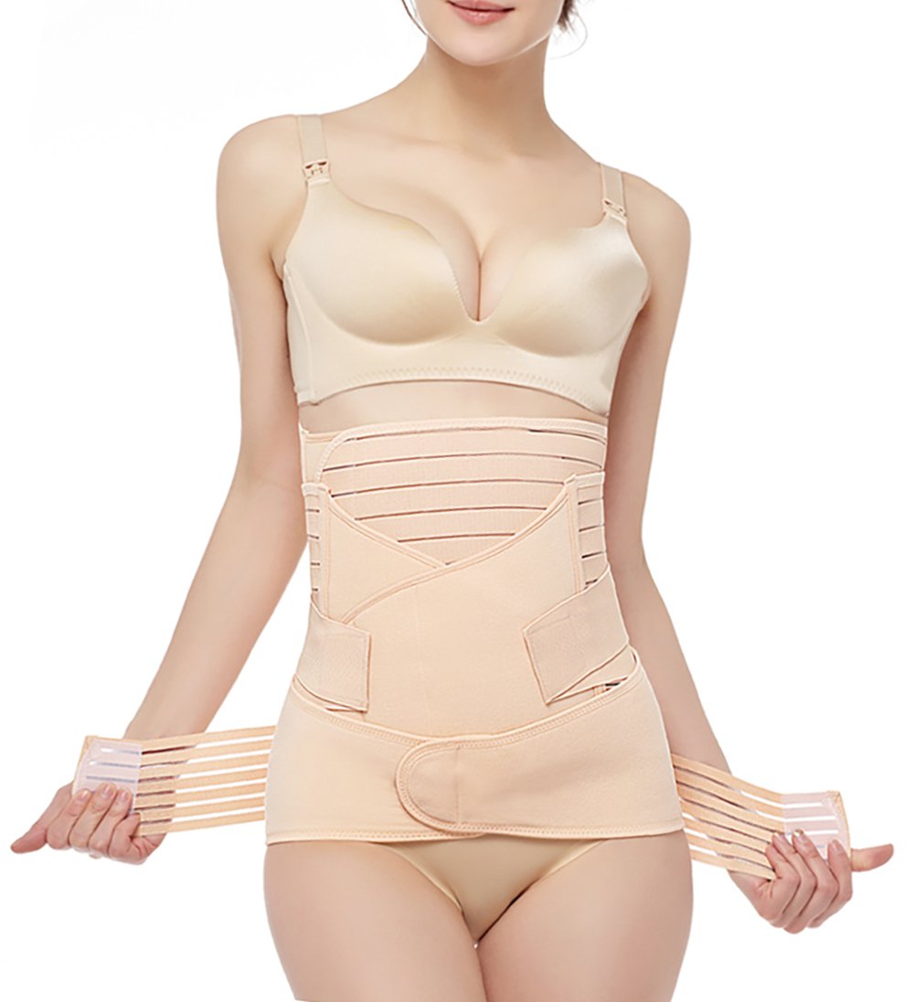 Postpartum Belly Wrap 3 In 1 Post Partum Support Girdles C-Section Recovery Belly Waist pelvis Wrap Postnatal Trainer Belt (One Size, Nude)