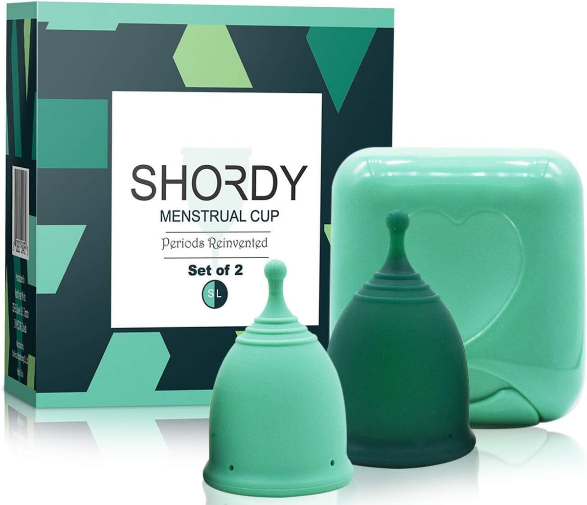SHORDY Reusable Menstrual Cups (Small & Large) Set of 2 with Box, 100% Soft Silicone, Copa Menstruelle, Period Cup, Heavy & Light Flow, Feminine Hygiene, Tampons, Pads & Disc Alternative for Women