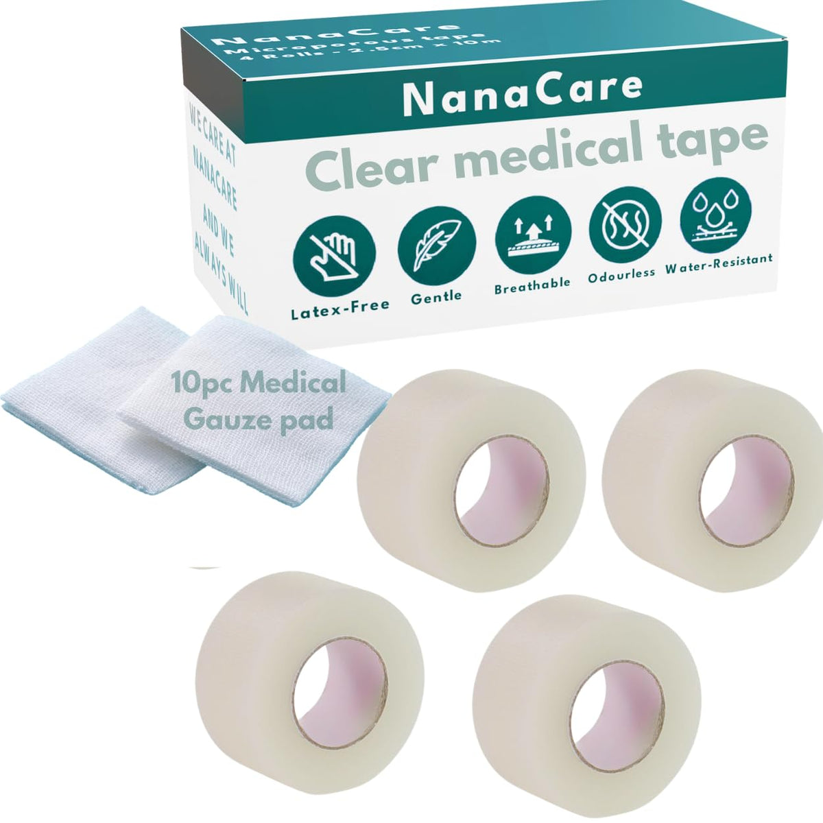 NanaCare Clear Medical Tape Waterproof, 4 Rolls - 1 inch x 10 yds