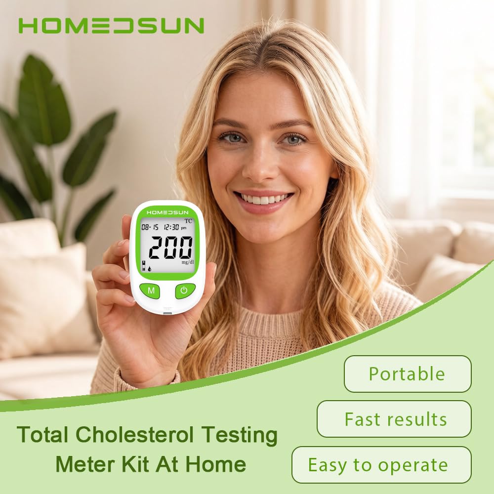 HSTCM101 Total Cholesterol Monitor Kit with 10 Strips Lancets | Home lipid panel test meter for cardiovascular health tracking, includes strips and lancets
