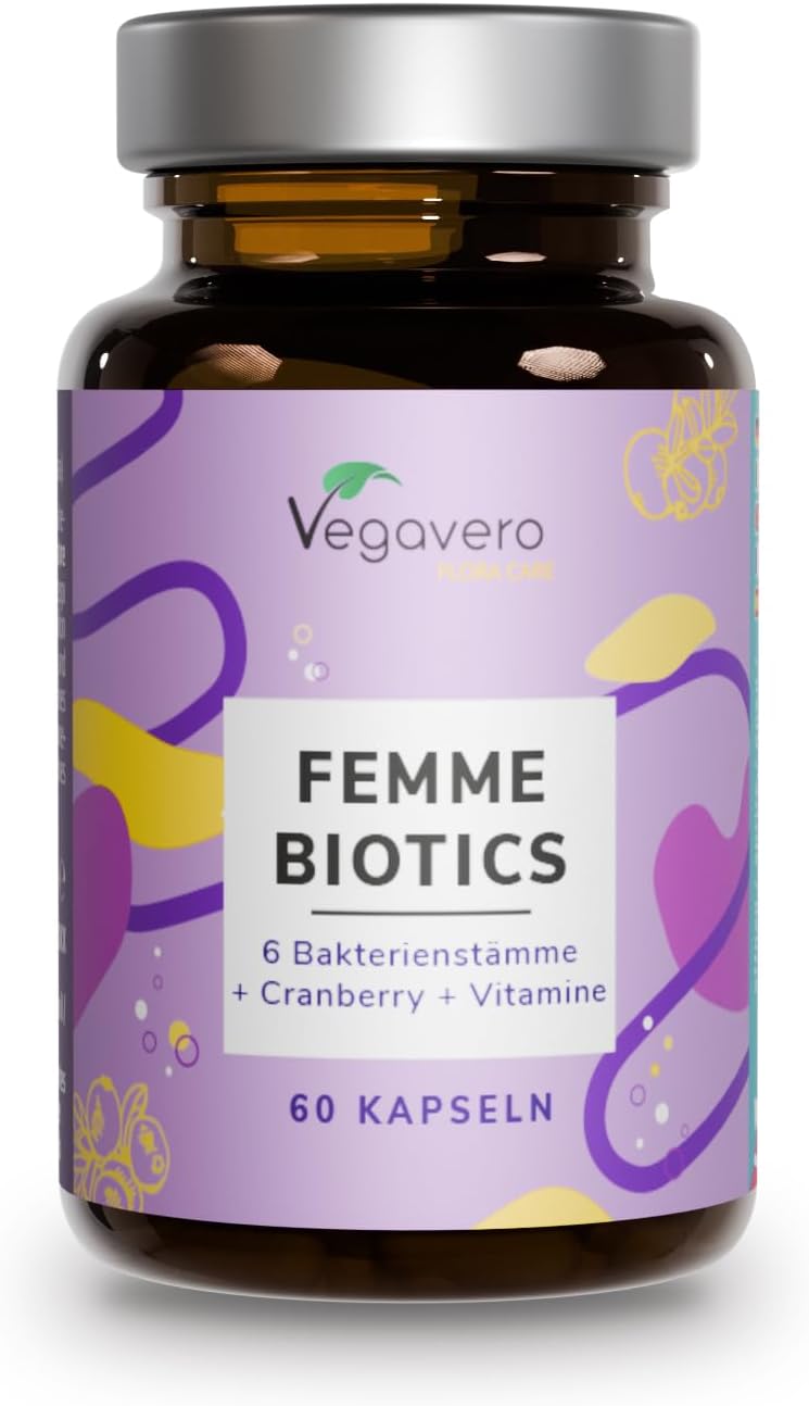 WOMAN PROBIOTICS | Intimate Flora and Natural Defense | 6 Strains + Vitamins C, B3, B7 and B9 | 60 Capsules | Vegan and No Additives | Femme Biotics Vegavero