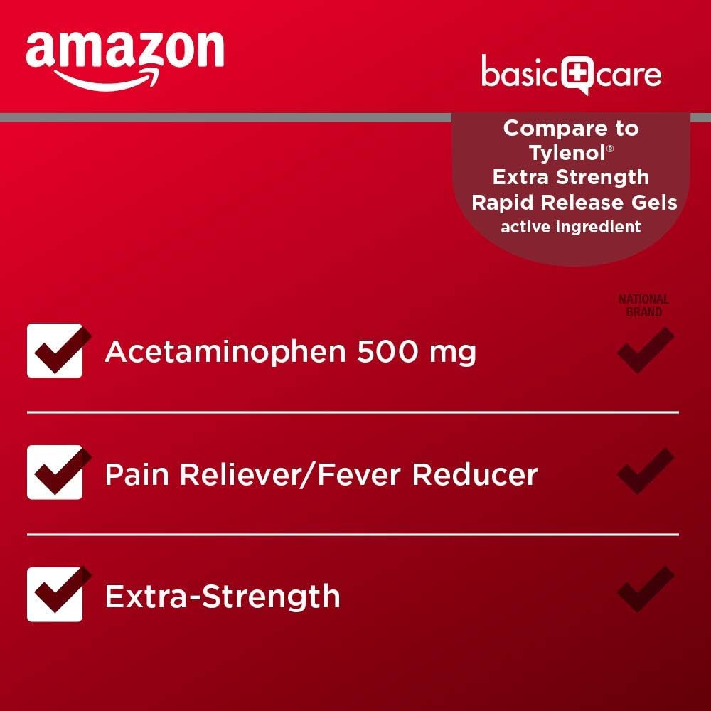 Amazon Basic Care Rapid Release Acetaminophen Caplets 500 mg, Extra Strength Pain Reliever and Fever Reducer for Headache, Backache, Menstrual Pain, Arthritis Pain, 400 Count