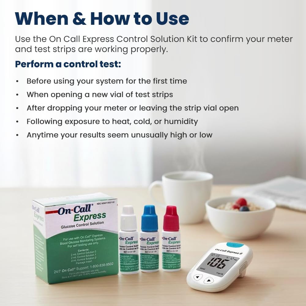 Glucose Control Solution Kit by On Call Express, Level 0, 1 & 2 for Blood Glucose Meters and Test Strips, Accuracy Check & Calibration Verification, 3-Pack Bottles, 2mL Each