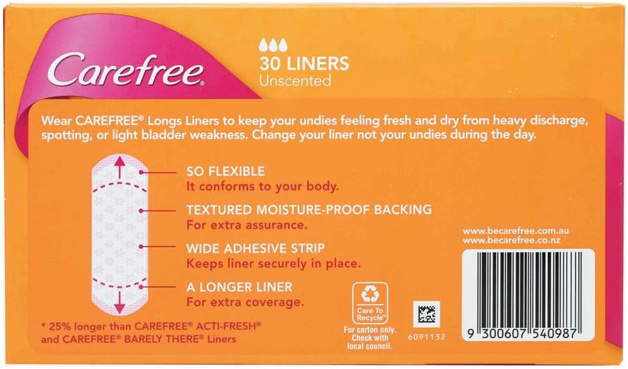 Carefree Original Long Unscented Liners 90 pack | Suitable for Moderate to Heavy Discharge/Spotting| Bladder Leakage| Ideal as a Tampon Backup| 25% Longer for Extra Coverage & Protection