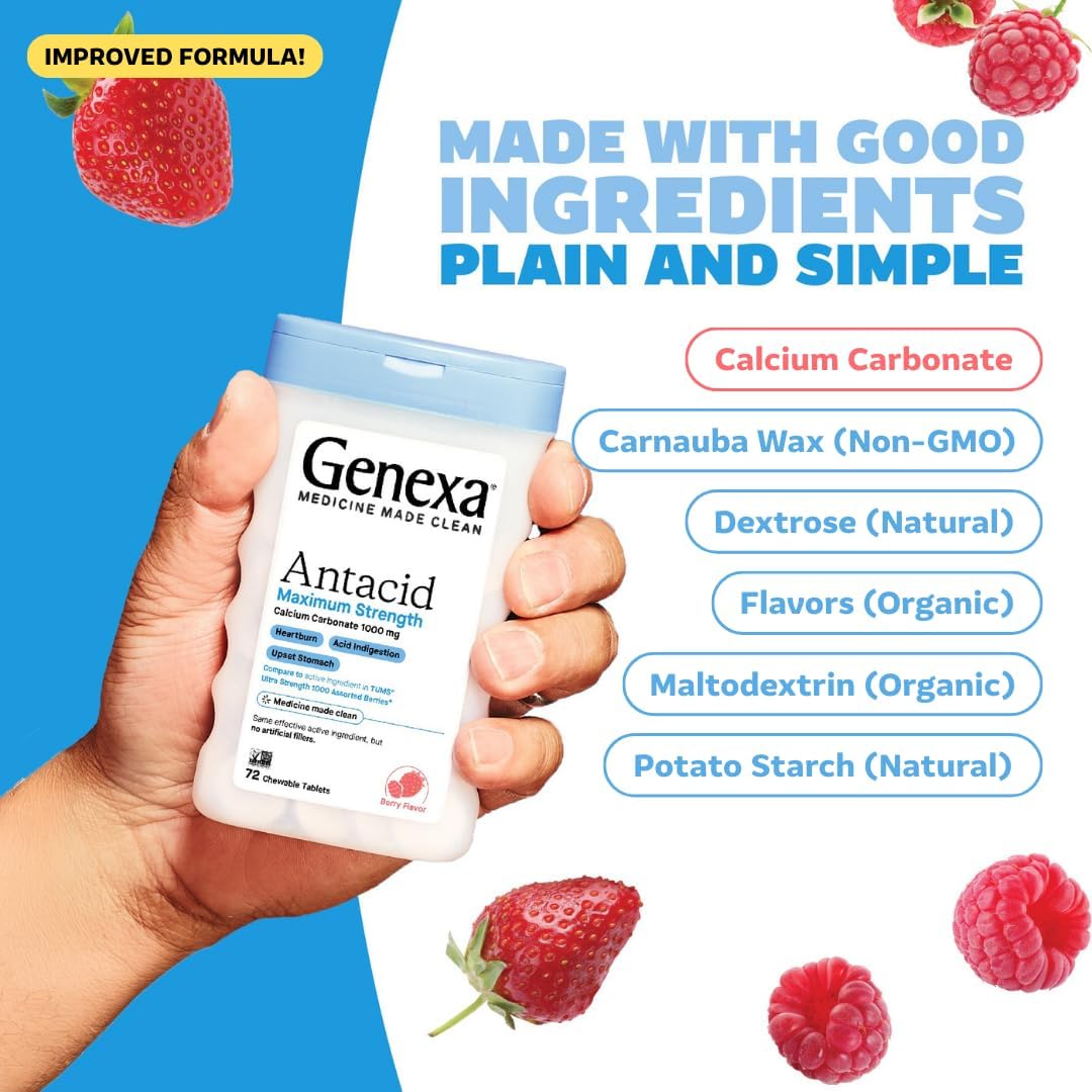 Genexa Antacid Made Clean, 72 Chewable Tablets, Berry Flavor | Calcium Carbonate Maximum Strength, Dye Free, 0% Artificial Additives, Heartburn, Acid Indigestion & Upset Stomach Relief