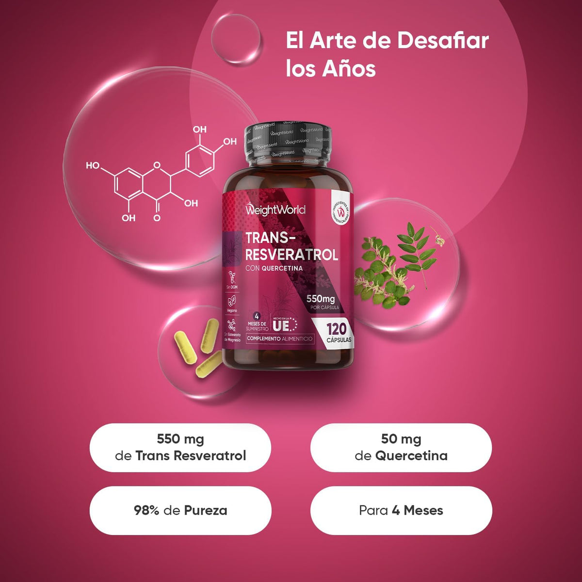 Trans Resveratrol with Quercetin 550mg - 120 Capsules of 98% Japanese Knotweed and Sophora Japonica - 4 Month Supply - Vegan and Gluten Free