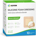 AUVON Silicone Foam Dressing with Large Adhesive Border, 3" x 3" 10 Packs Wound Dressing Bandage with High Absorbency, Waterproof Silicone Foam Pads for Wound Care & Protection Plus Cushioning