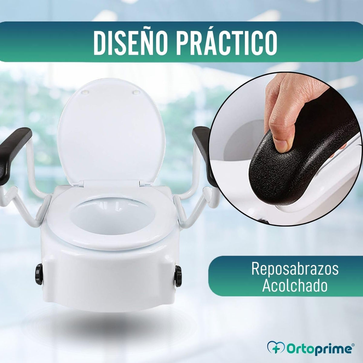 OrtoPrime Tilting WC Lift with Folding Armrests – Height Adjustable 5, 10 and 15 cm – Raised Toilet with Lid – Portable Toilet Lift