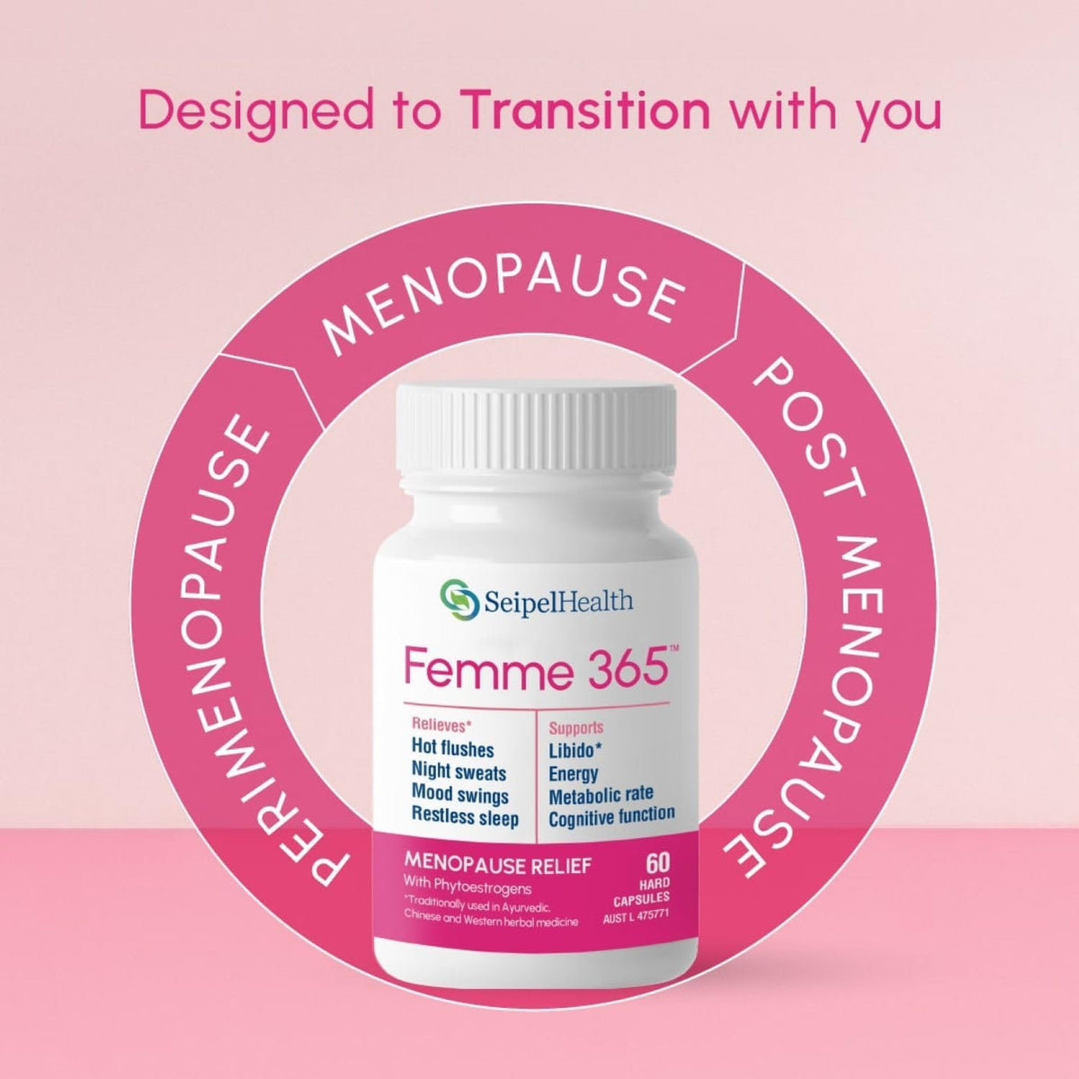 Femme 365 Hormonal Support for Women, Herbal Hormonal Supplements for Peri-Menopause and Menopause, Reduces Symptoms of Intense Hot Flushes, Promotes Healthy Libido, and More, 60 Capsules