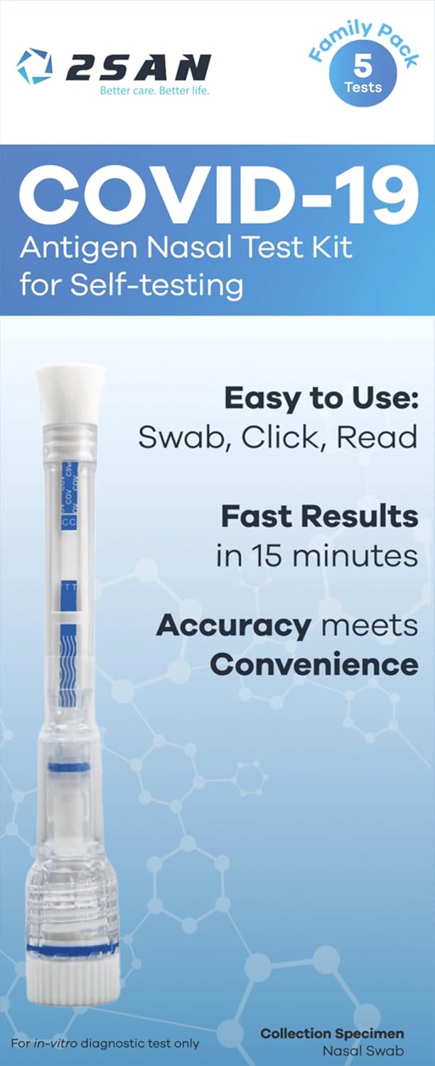 2San COVID-19 Pen Test, Results in 15 Mins, Rapid & Reliable Nasal Swab, Easy At-Home Testing, Clinically Accurate, Gentle, Stress-Free Use, 5-Pack (5 Tests Total)