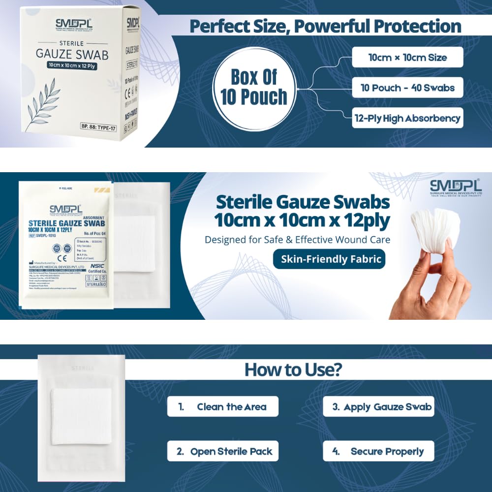 Sterile Gauze Swabs 10cm x 10cm x 12Ply - Absorbent Gauze Pads for Wound Dressing & First Aid Box of 10 Pouch - 40Count