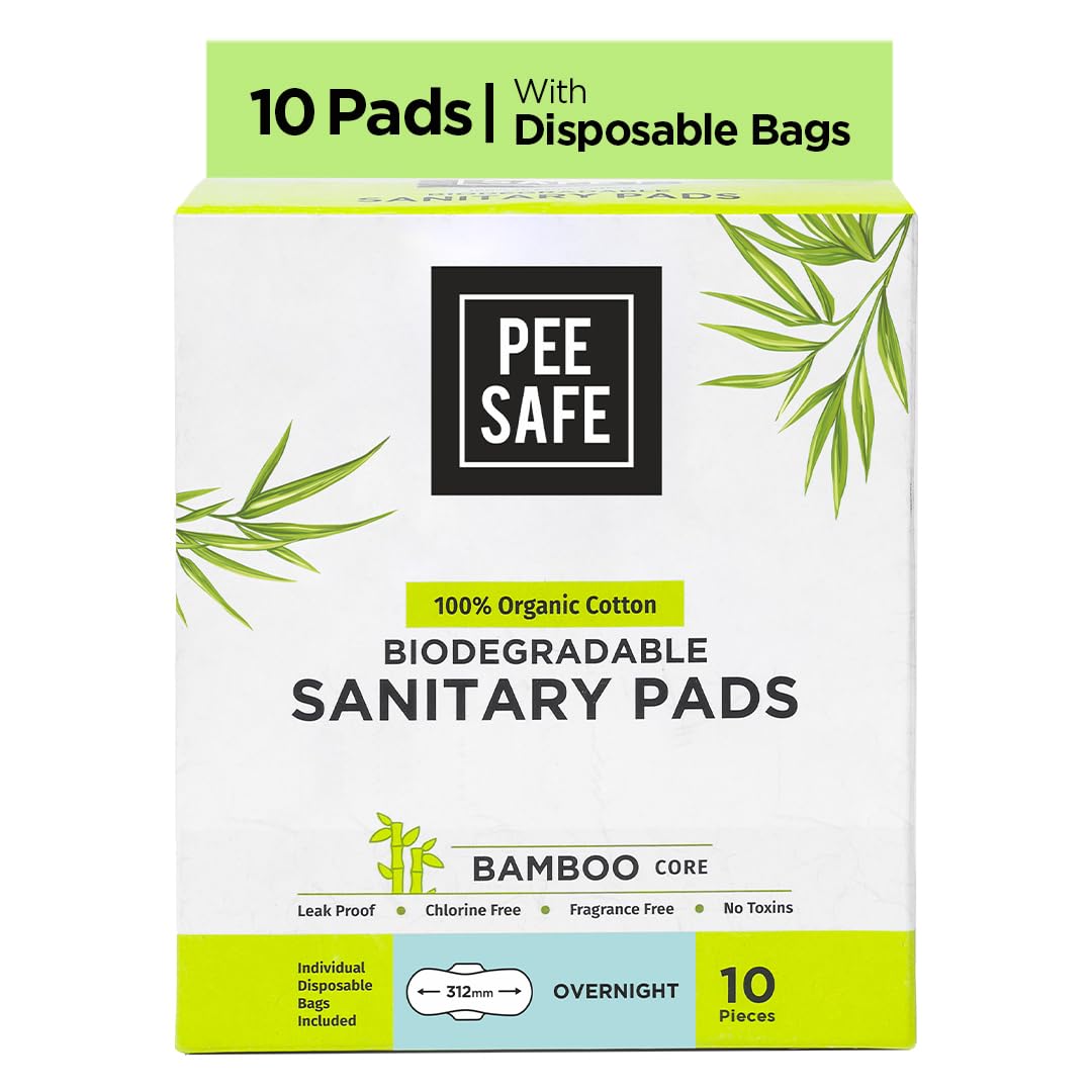 Pee Safe 100% Organic Cotton Biodegradable Sanitary Pads, Overnight | Anti-Bacterial | Superb Absorbency | Long Lasting Protection | Skin Friendly | Comfortable & Easy To Use | Pack of 10