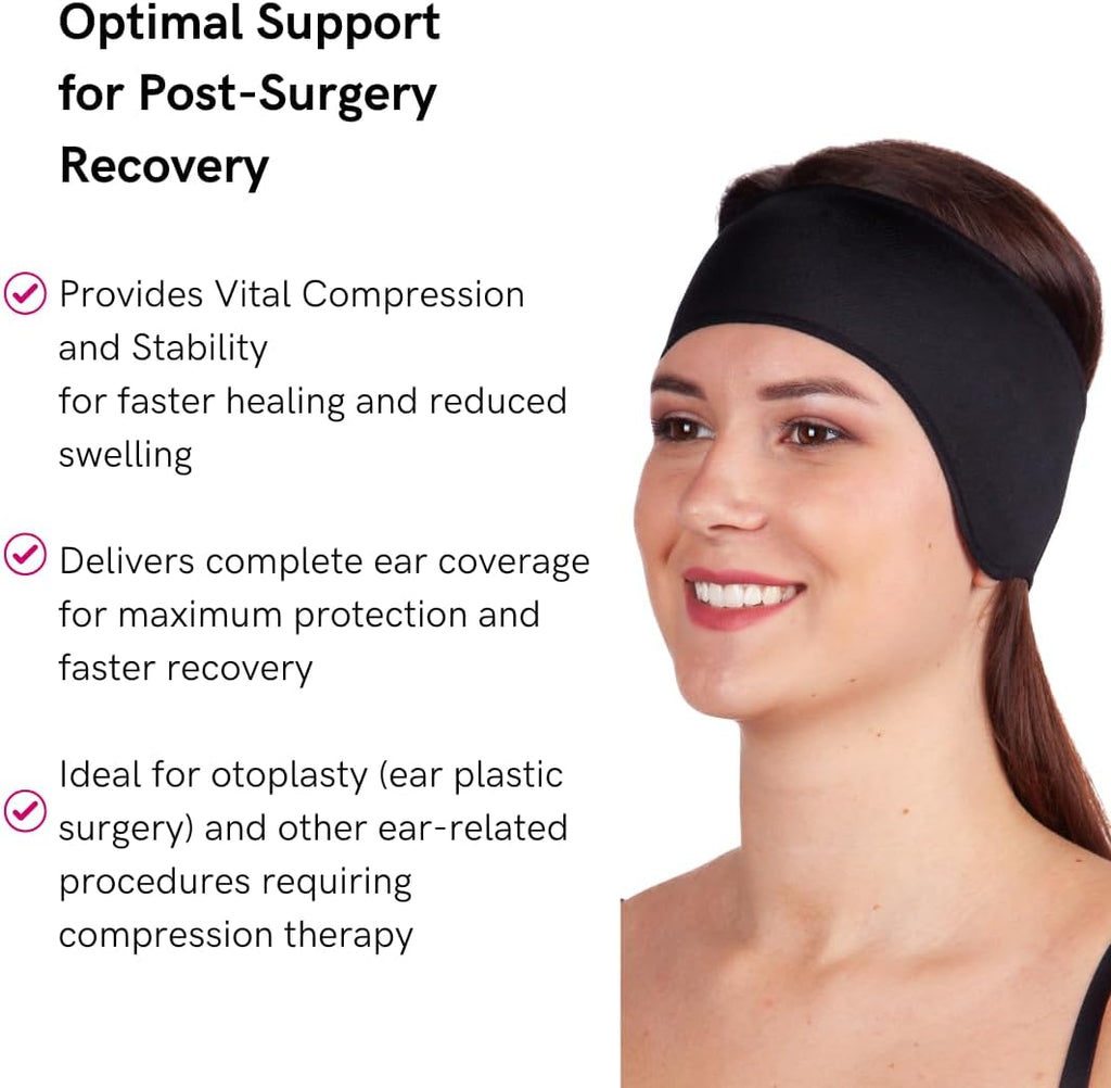 LIPOELASTIC PU 03 Unisex Post Surgery Compression Band, Self-Closing Otoplasty Headband, Comfort Ear Bandage (Black, Small)