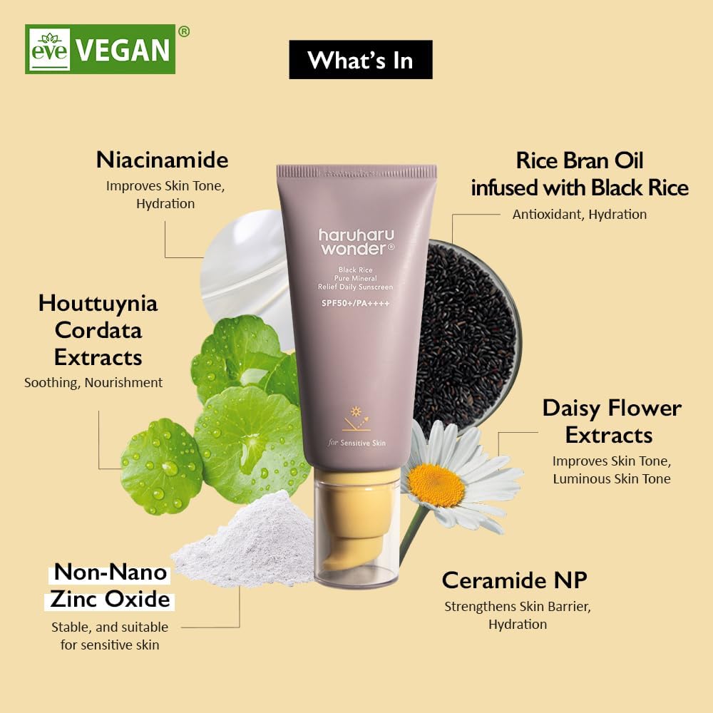 haruharu wonder Black Rice Pure Mineral Relief Daily Sunscreen, SPF50+, Mineral, PA++++, Broad Spectrum, UVA/UVB, Hyaluronic Acid, Niacinamide, 50 ml
