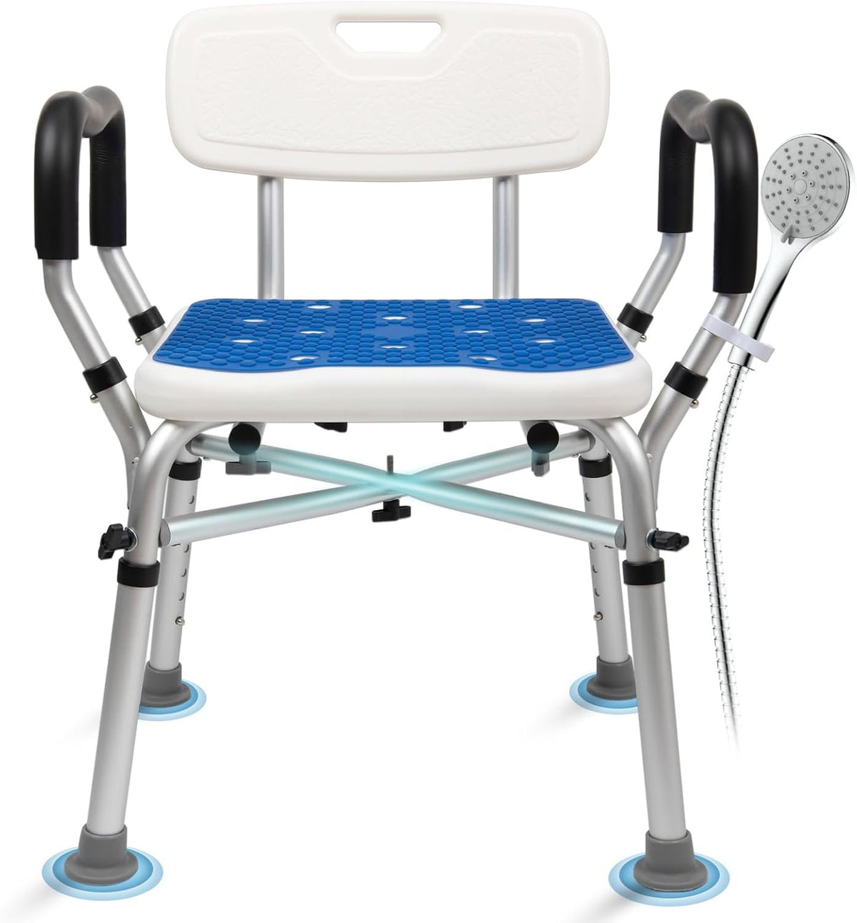 Shower Chair for Inside Shower 500lbs - Bariatric Shower Seat with Arms & Back, 6 Height Adjustment & Reinforced Crossbars for Elderly/Disabled Adults, Blue