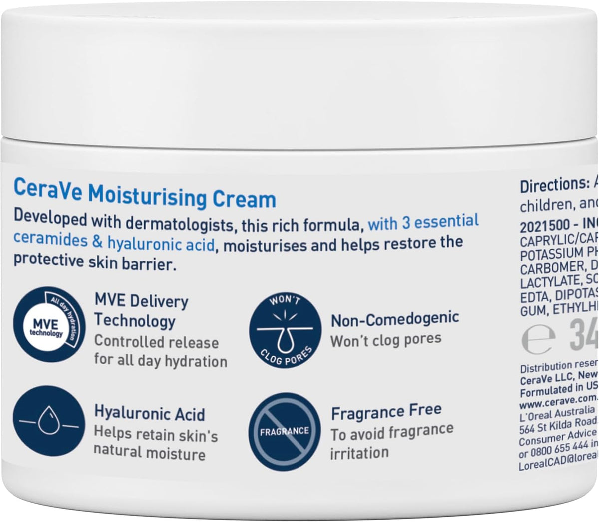 CeraVe Moisturising Cream 340g, Dry to Very Dry Skin Face & Body Moisturiser to Help Restore the Protective Skin Barrier, Hyaluronic Acid + 3 Essential Ceramides, Fragrance Free