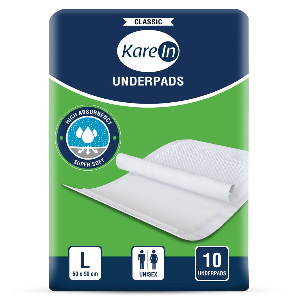 KareIn Classic Underpads, Large, 60 x 90 Cm, 10 Count, Superior Absorbency, Leak Proof, Pack of 1