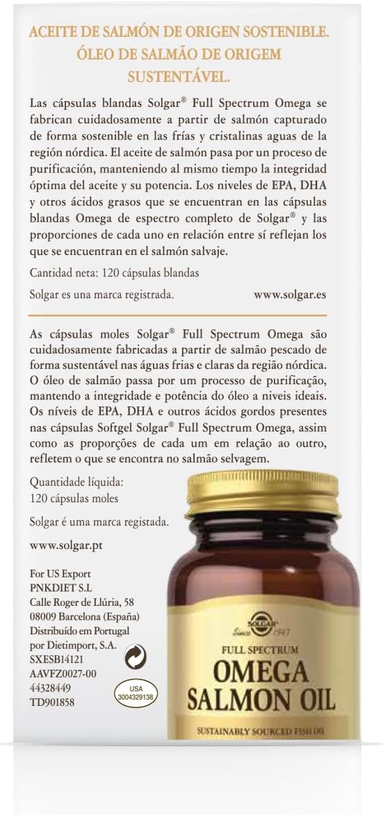 SOLGAR - Full Spectrum Omega - Wild Alaskan Salmon Oil - Omega 3, 5, 6, 7, 9, Vitamin D3 and Astaxanthin - Cardiac, Brain, Visual and Immune Support - 120 Softgels