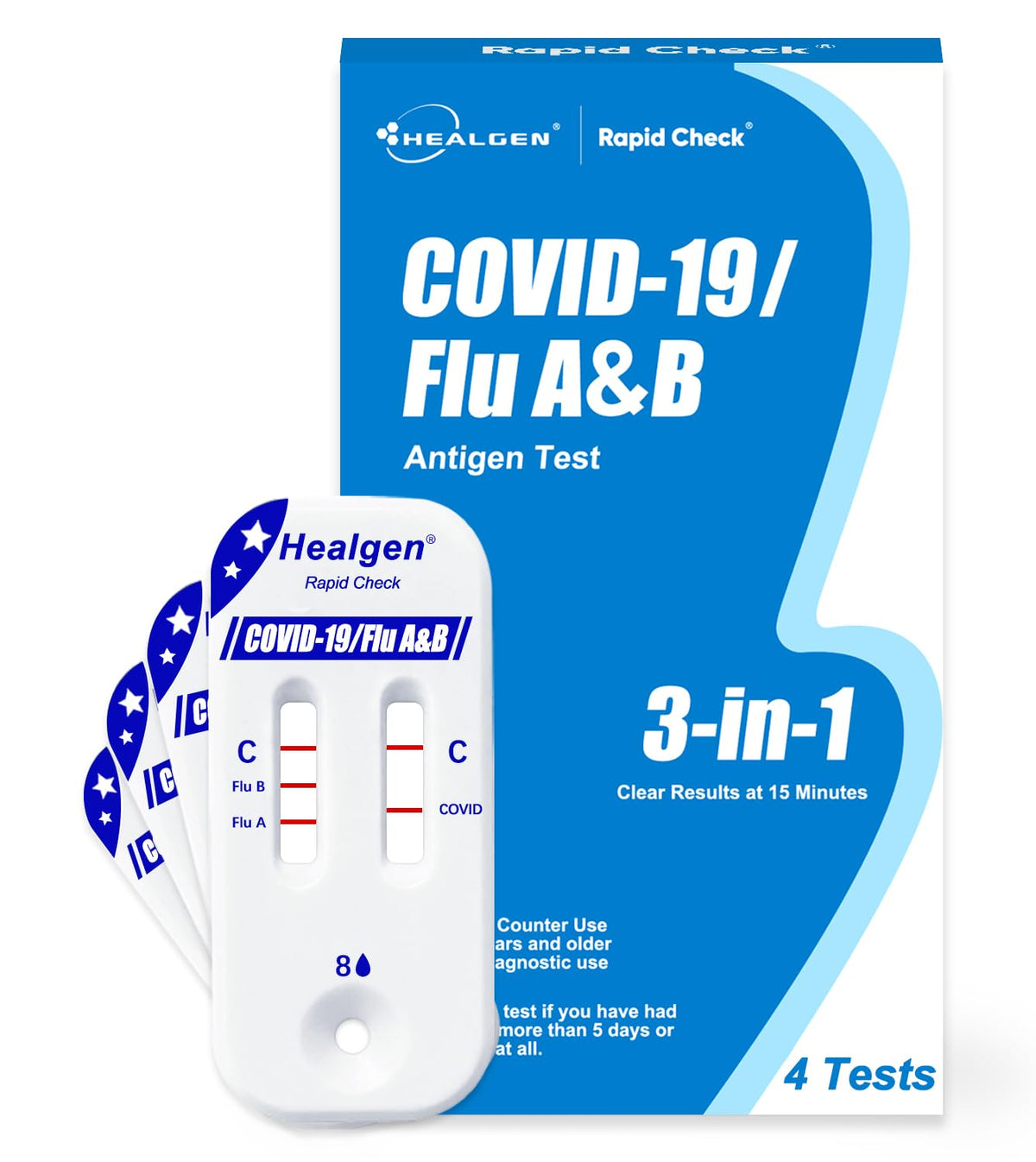 Healgen Rapid Check COVID-19, Flu A&B Antigen Test Kit, The First FDA Authorized OTC 3-in-1 Flu & COVID Home Test, Easy to Read Dual Windows, Results in 15 Mins, 4 Test