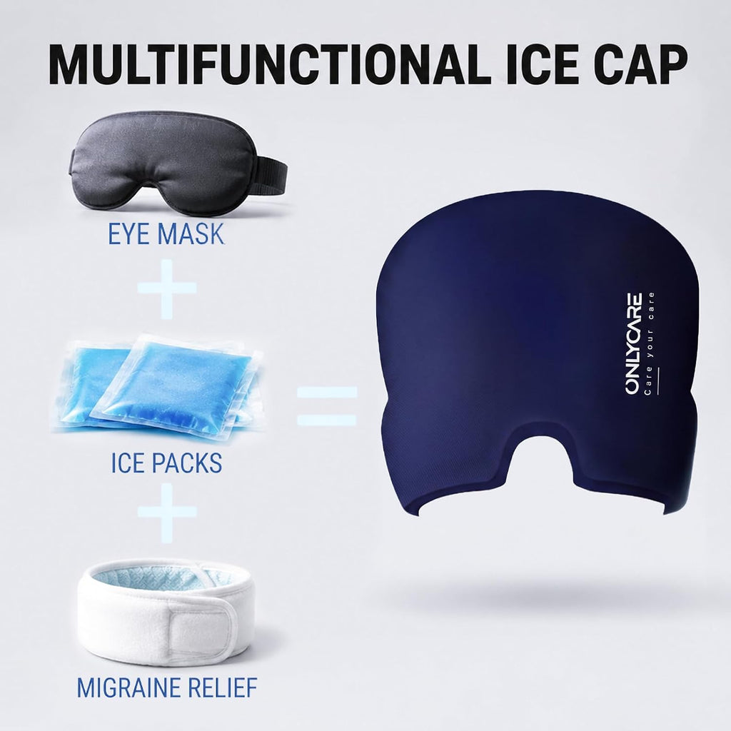 ONLYCARE Migraine Relief Cap, Headache Relief Cold Cap with Odorless Gel | Cooling Hat Head Wrap Soothing Face Ice Pack Mask Products for Tension Stress Hangover & Puffy Eyes, Relaxing Gifts for Women