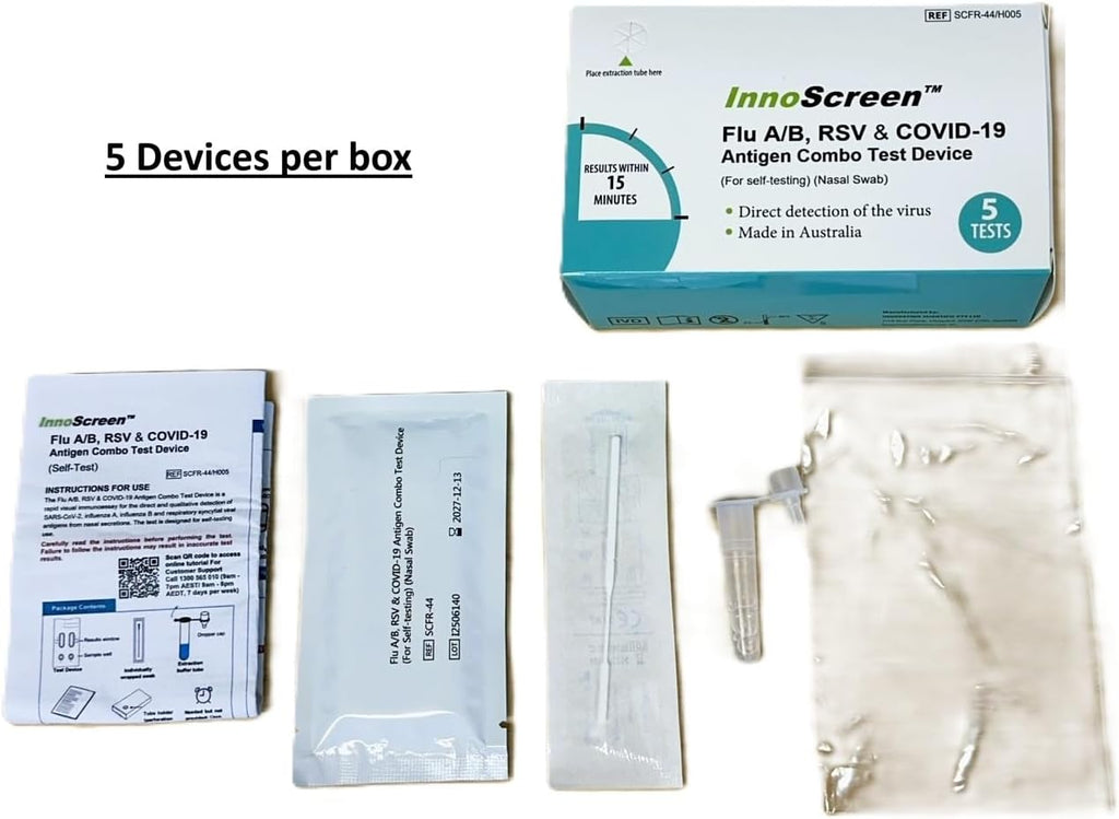 Flu A/B, RSV & COVID-19 - Made in Australia - Antigen Combo Test Device, Nasal Swab, Self-Test, 5 Tests