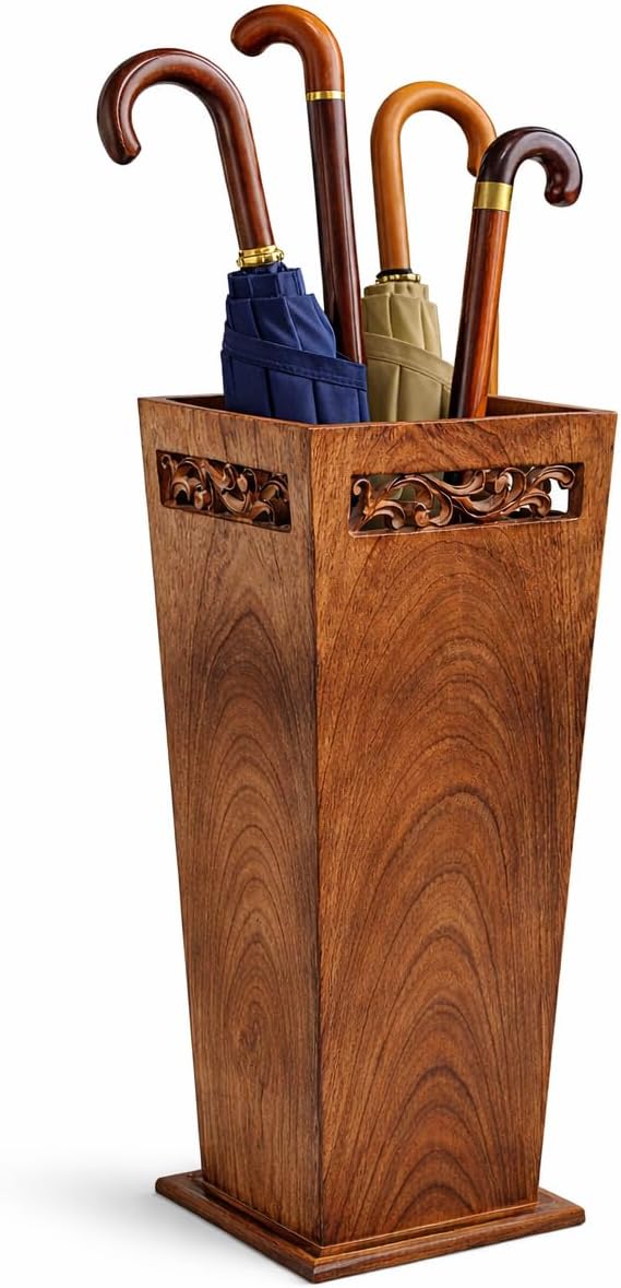 Antique Wooden Umbrella Stand & Walking Cane Holder for Home, Office & Entryway | Hand-Carved Solid Wood Umbrella & Cane Storage Rack | Size 21.5 x 8 x 8 in, Base 7.5 x 7.5 inches (Solid)