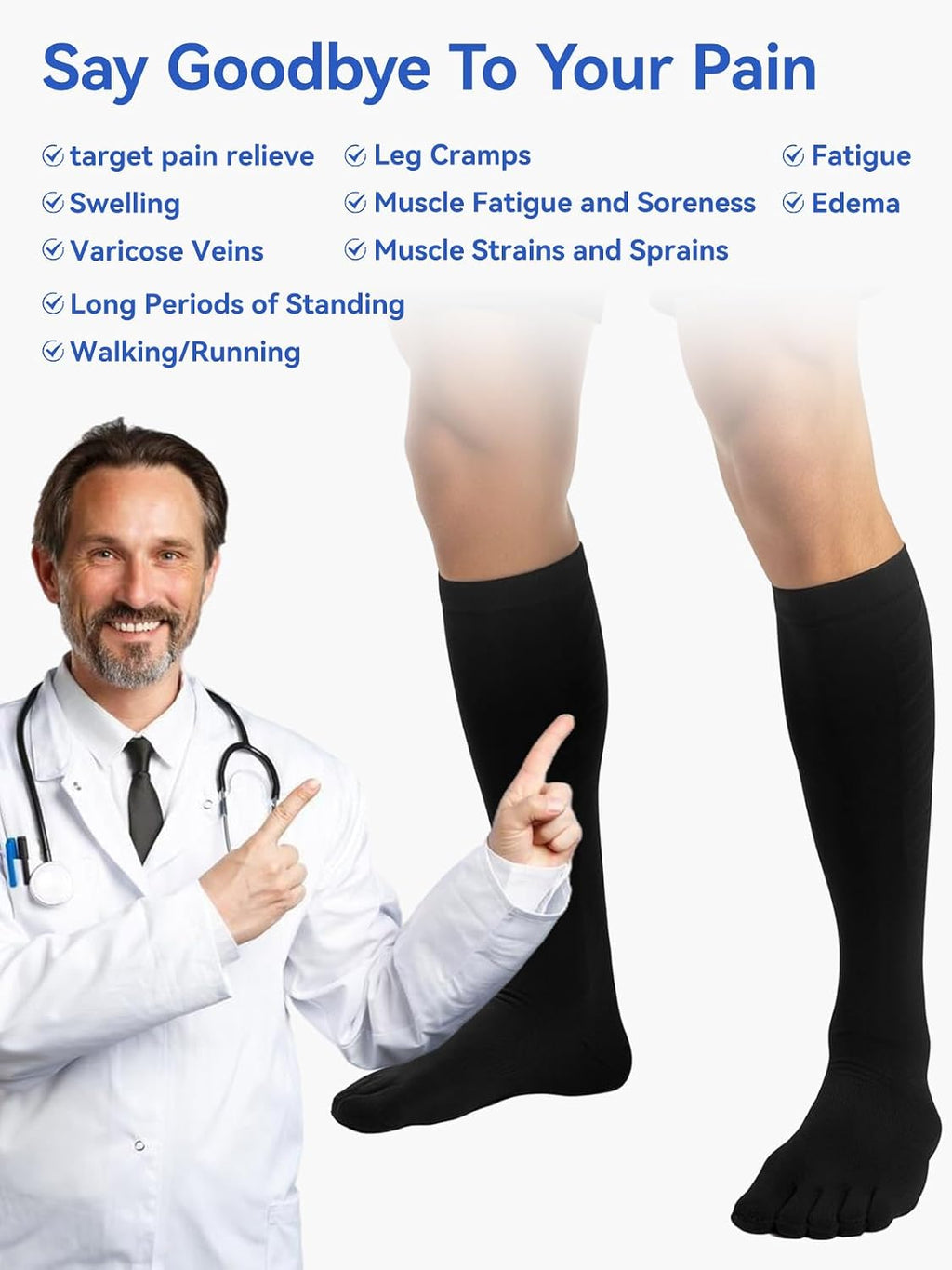 Compression Toe Socks for Men and Women 15-20mmHg, 3 Pairs, Knee High Five Finger Stockings