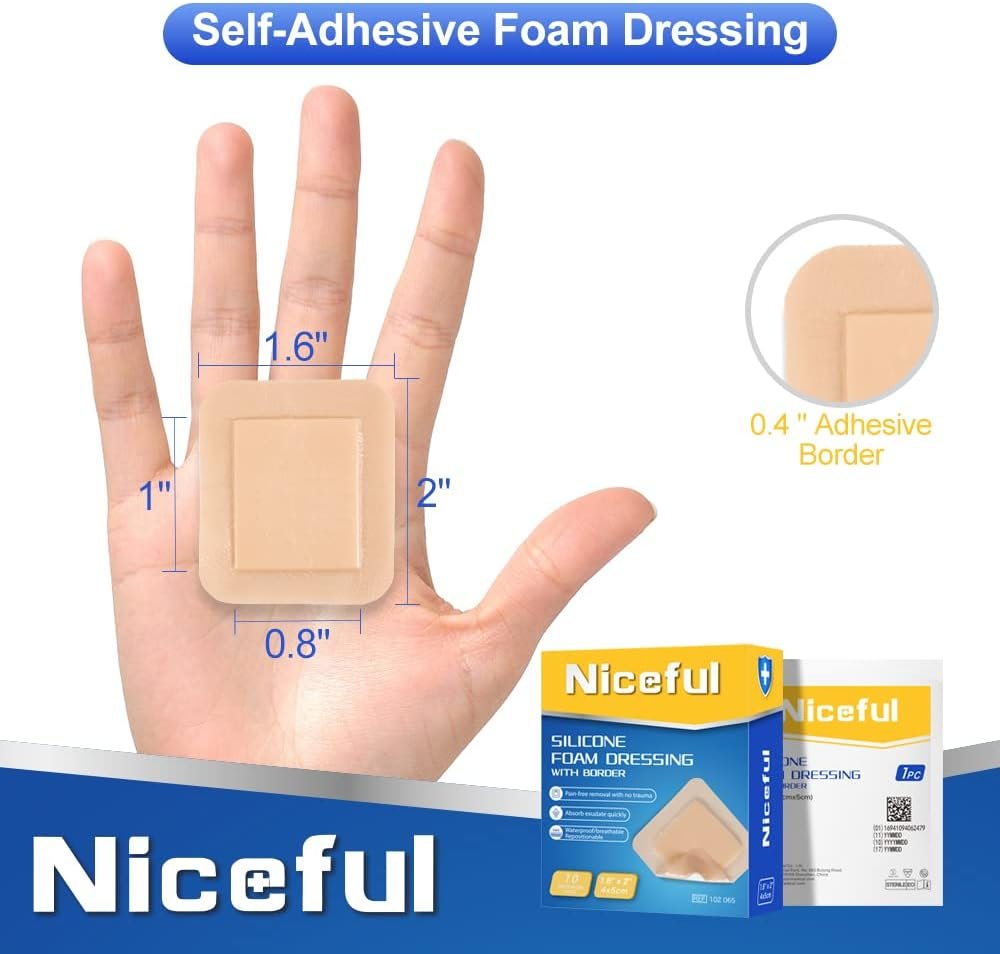 Niceful Silicone Foam Dressing 1.6"x2" 10 Count, Small Bandages for Wound