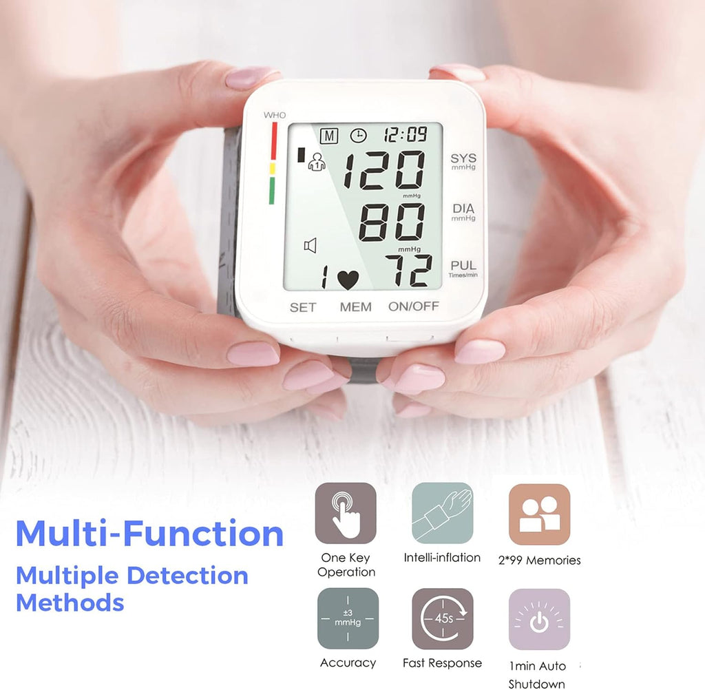 MMIZOO Wrist Blood Pressure Monitor BP Machine with Carrying Case White | FDA Cleared, Large LCD Display, Automatic 99x2 Sets Time Stamped Memory, Adjustable Cuff (5.31-7.68"), For Home/Travel Use