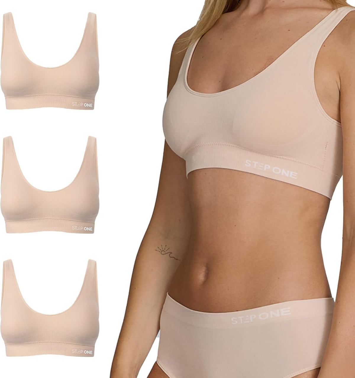 STEP ONE Smoothfit Bra. 3 Pack. Ultra-Soft Women's Everyday Bra, Lifts & Supports and Feels Invisible on, Breathable Bamboo Moisture Wicking with Removable Cups